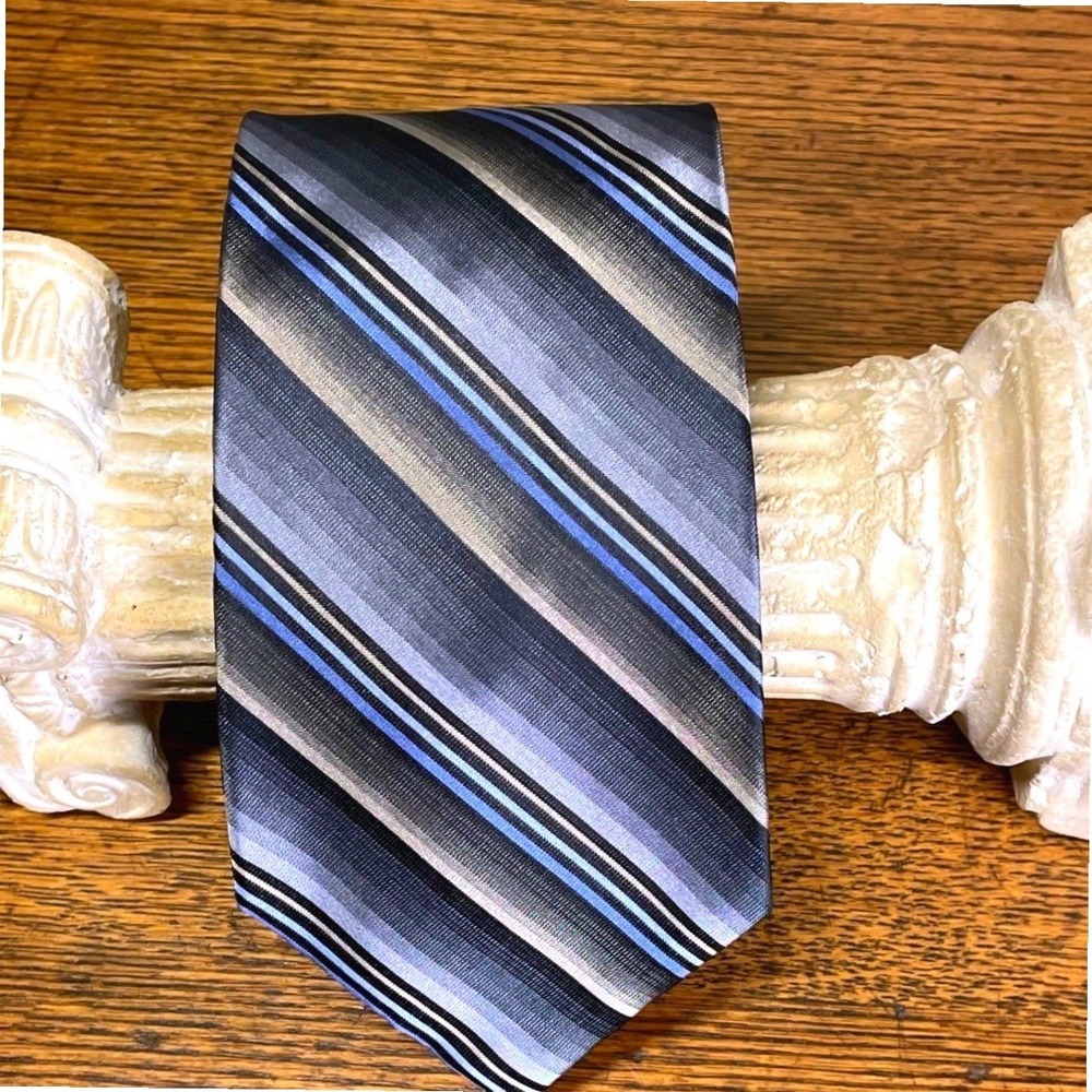 Joseph Feiss International Silk‎ Tie Striped Gray Blue Tan Men's Repp Necktie